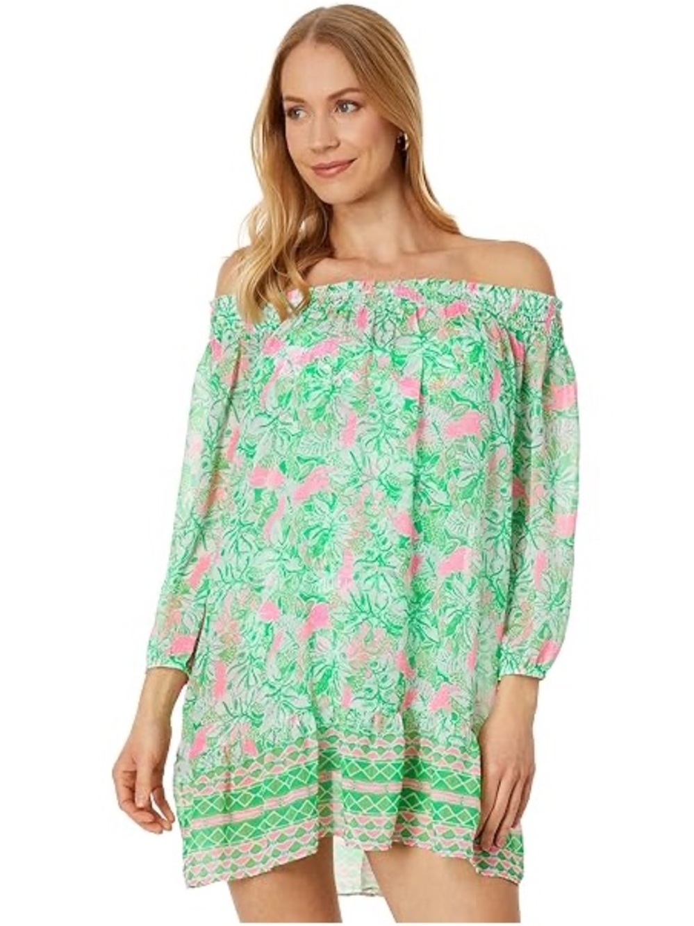 Lilly Pulitzer Pink and Green Off-Shoulder Floral Dress